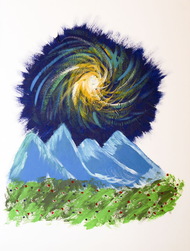 Zeichnung Brigitta Bölsterli Berge mit Sonne